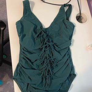 Karla Colletto Fringe-Front Underwire V-Neck One-Piece Swimsuit, green 12